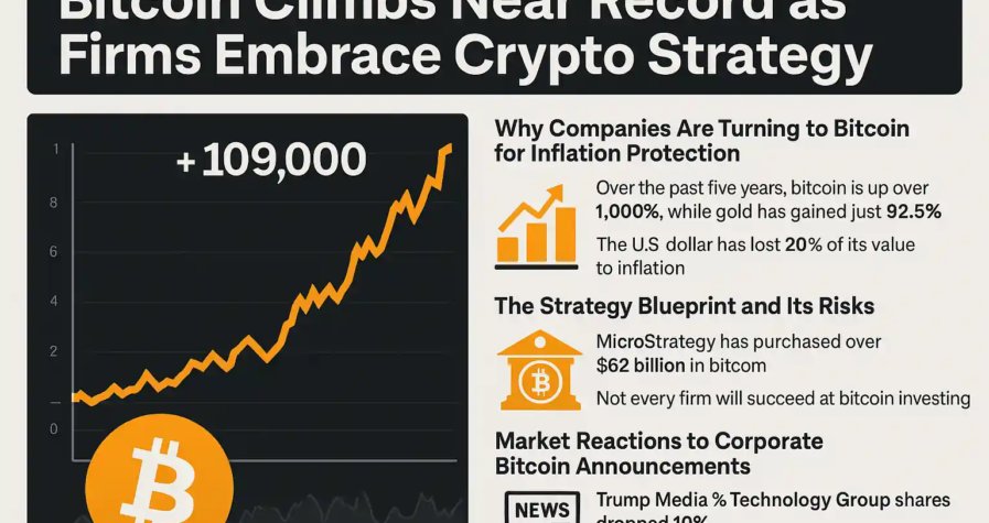 Bitcoin infographic showing $109,000 surge, corporate adoption highlights, and risks tied to treasury strategies.