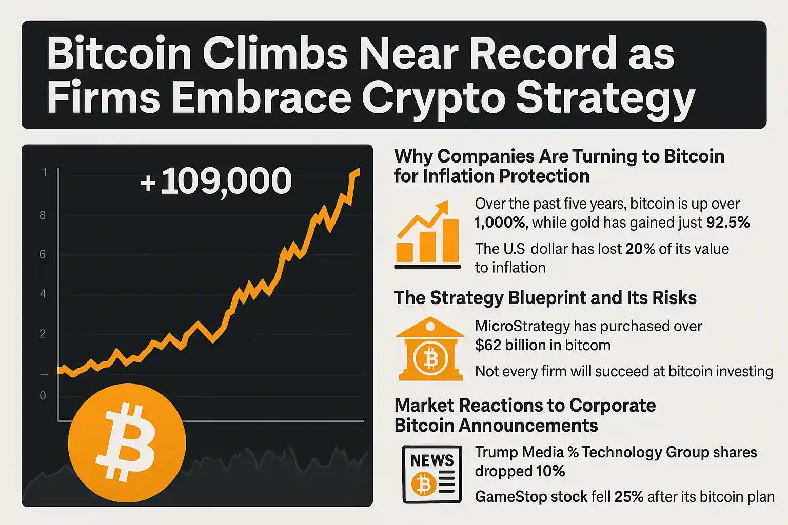 Bitcoin infographic showing $109,000 surge, corporate adoption highlights, and risks tied to treasury strategies.