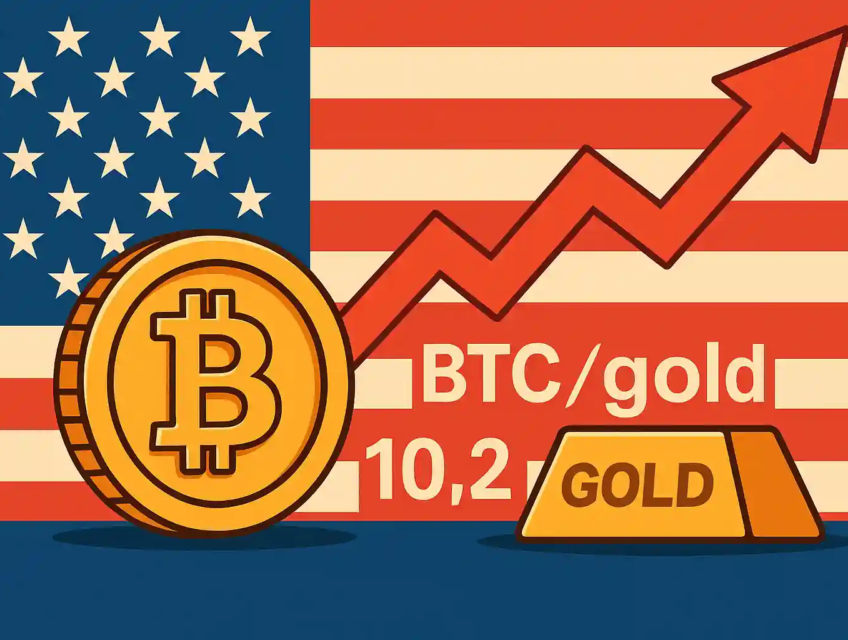 Illustration du Bitcoin surpassant l’or avec ratio BTC/or en forte hausse sur fond de drapeau américain.
