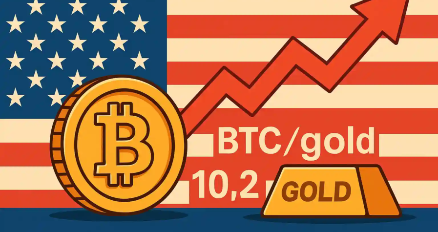Illustration du Bitcoin surpassant l’or avec ratio BTC/or en forte hausse sur fond de drapeau américain.