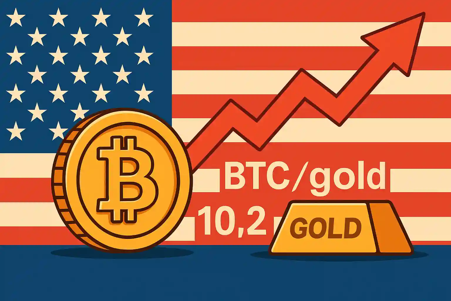 Illustration du Bitcoin surpassant l’or avec ratio BTC/or en forte hausse sur fond de drapeau américain.