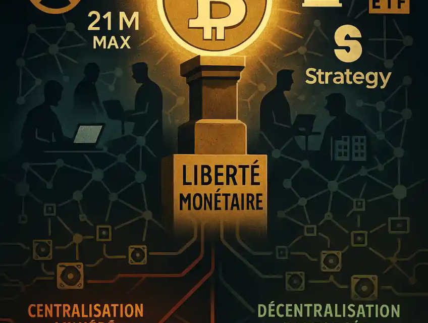 Illustration divisée en deux mondes : à gauche, des utilisateurs décentralisés défendent la liberté monétaire ; à droite, des institutions et pools miniers illustrent les tensions de centralisation.