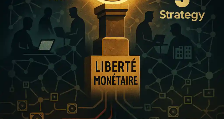 Illustration divisée en deux mondes : à gauche, des utilisateurs décentralisés défendent la liberté monétaire ; à droite, des institutions et pools miniers illustrent les tensions de centralisation.