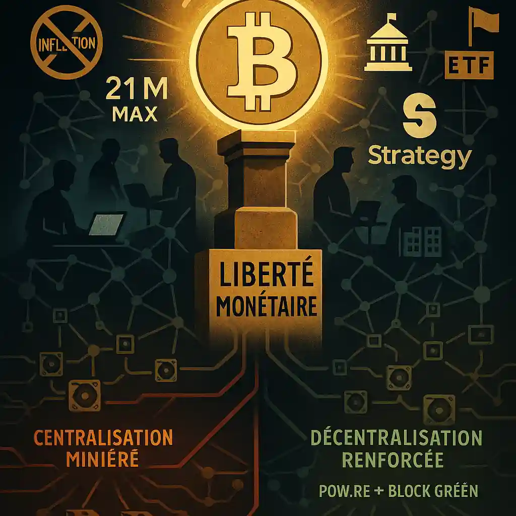 Illustration divisée en deux mondes : à gauche, des utilisateurs décentralisés défendent la liberté monétaire ; à droite, des institutions et pools miniers illustrent les tensions de centralisation.