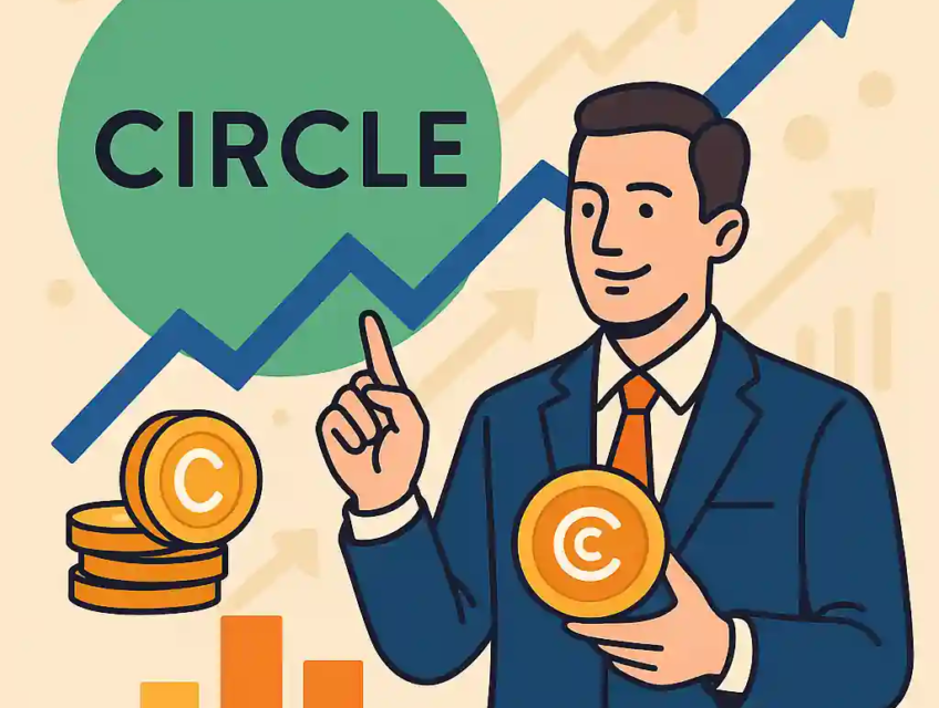 Un homme d’affaires avec des jetons USDC devant un graphique haussier et le logo Circle symbolisant la croissance stablecoin