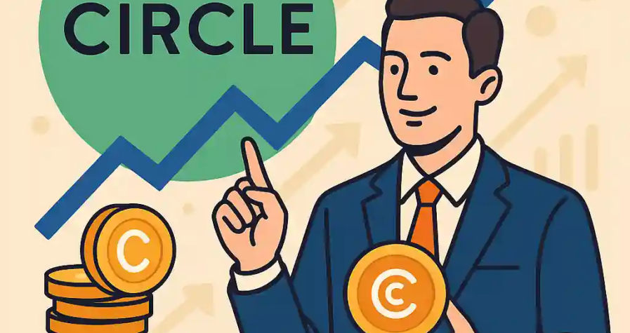 Un homme d’affaires avec des jetons USDC devant un graphique haussier et le logo Circle symbolisant la croissance stablecoin