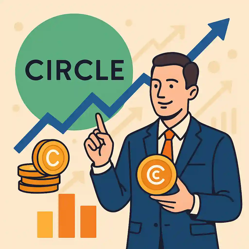 Un homme d’affaires avec des jetons USDC devant un graphique haussier et le logo Circle symbolisant la croissance stablecoin