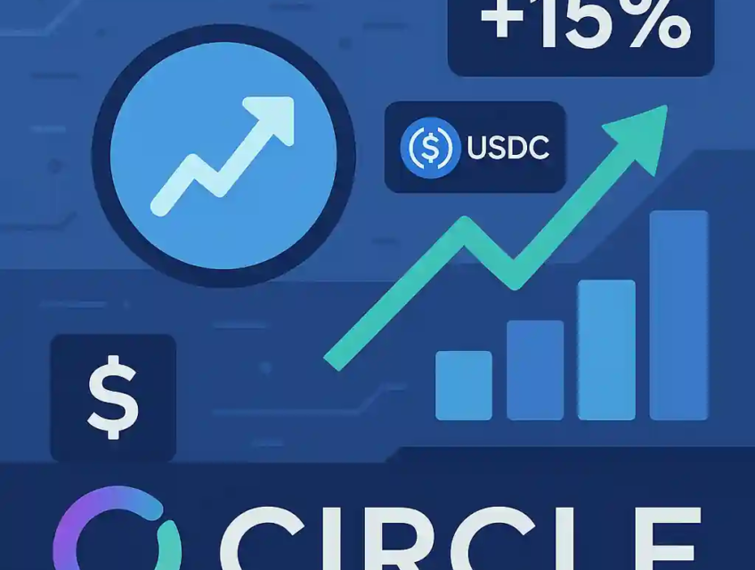 Illustration montrant la hausse de 15 % de Circle avec le logo USDC, flèches de croissance et graphiques financiers