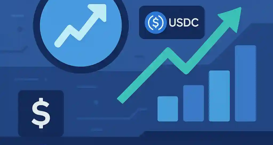 Illustration montrant la hausse de 15 % de Circle avec le logo USDC, flèches de croissance et graphiques financiers