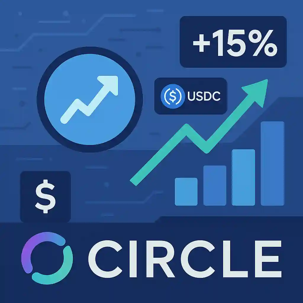 Illustration montrant la hausse de 15 % de Circle avec le logo USDC, flèches de croissance et graphiques financiers