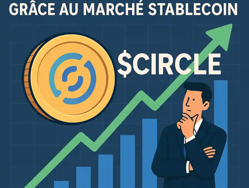 Illustration montrant la hausse de l’action Circle, avec une pièce stablecoin, une flèche verte et un homme en costume.