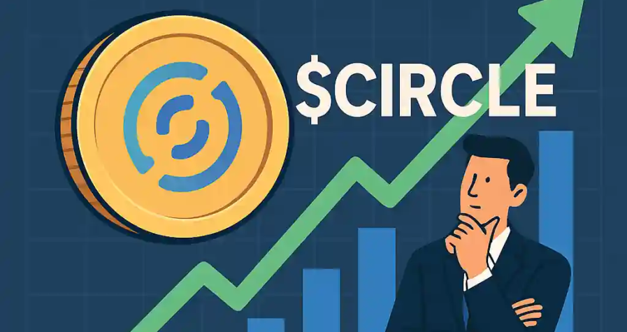Illustration montrant la hausse de l’action Circle, avec une pièce stablecoin, une flèche verte et un homme en costume.