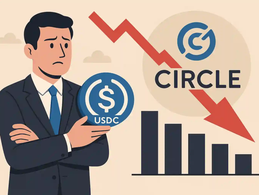 Homme d’affaires inquiet tenant un jeton USDC avec une flèche rouge descendante et le logo Circle en arrière-plan
