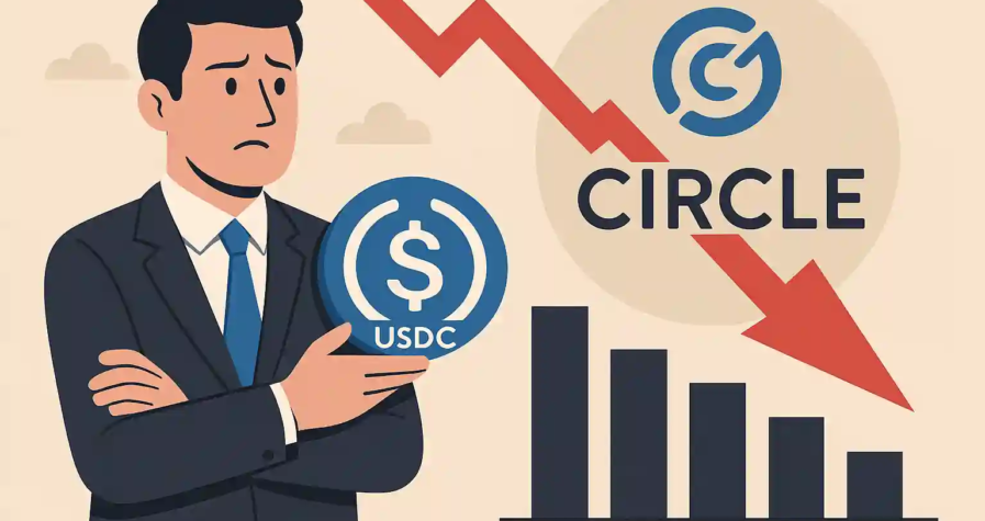 Homme d’affaires inquiet tenant un jeton USDC avec une flèche rouge descendante et le logo Circle en arrière-plan