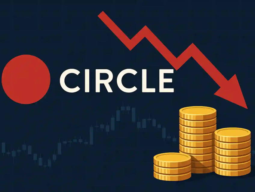 Circle logo with red downward arrow and shrinking gold coin stacks, symbolizing stock decline following a major rally.