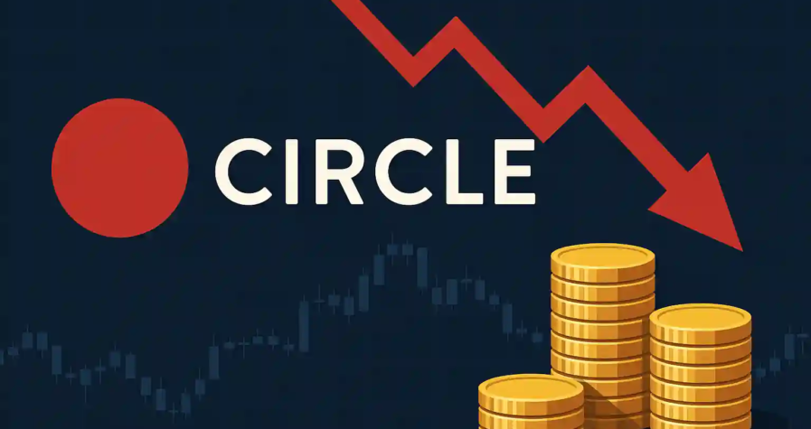 Circle logo with red downward arrow and shrinking gold coin stacks, symbolizing stock decline following a major rally.