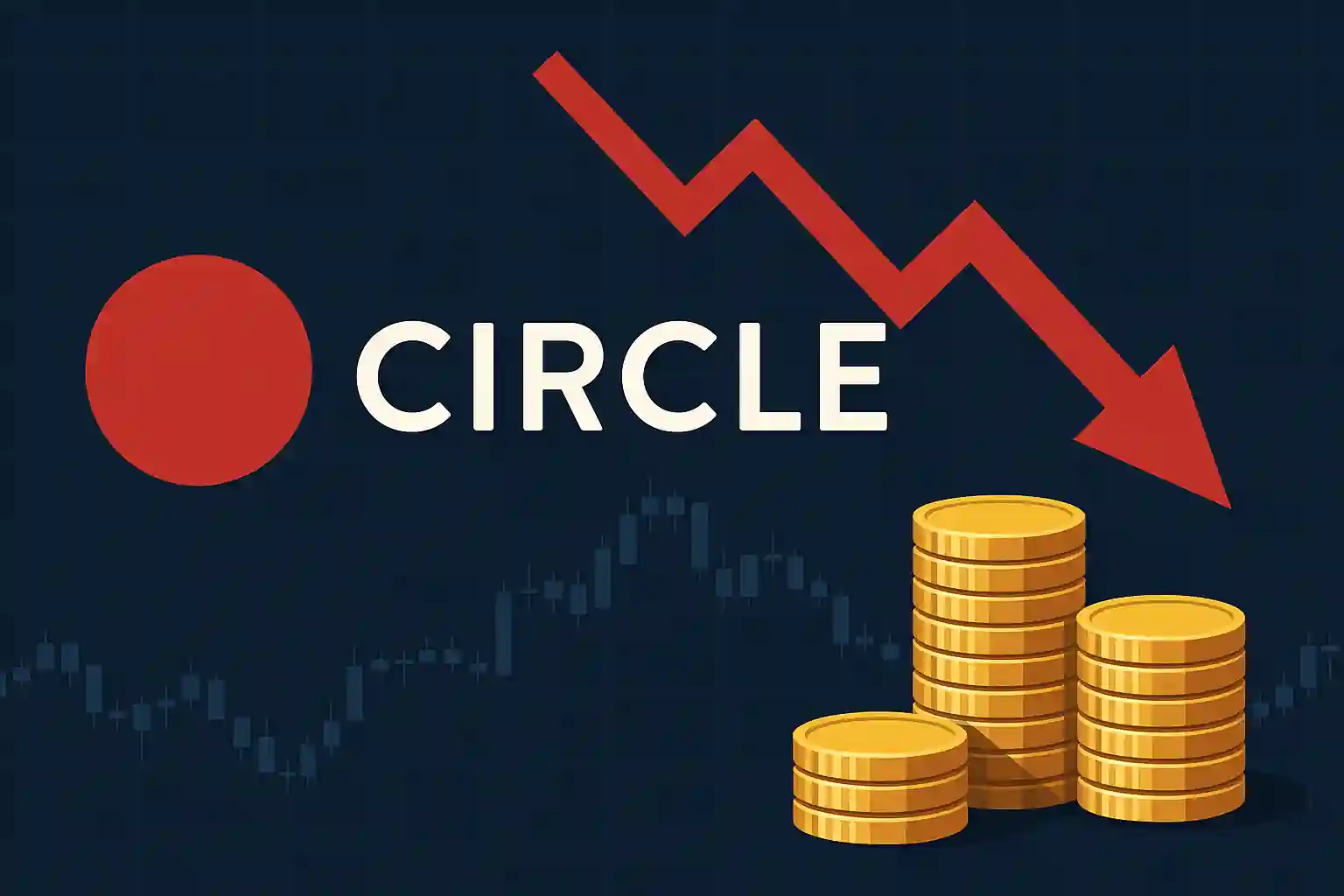 Circle logo with red downward arrow and shrinking gold coin stacks, symbolizing stock decline following a major rally.