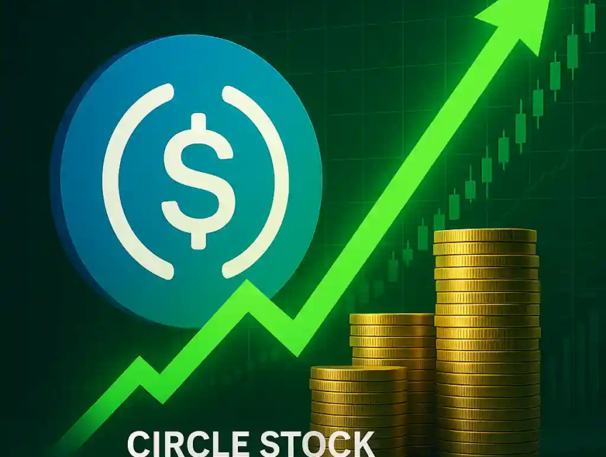 USDC logo with green arrow and gold coins symbolizing Circle’s post-IPO stock surge and stablecoin market optimism.