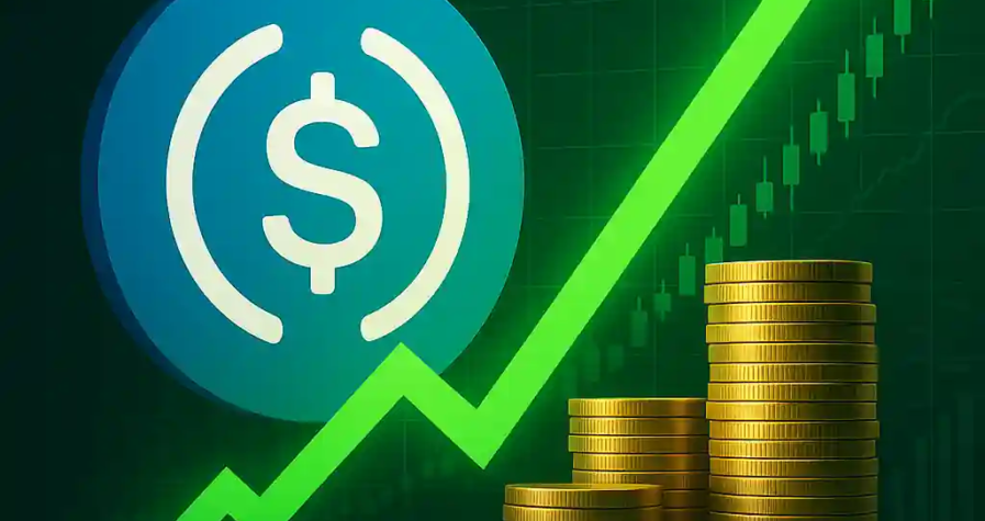 USDC logo with green arrow and gold coins symbolizing Circle’s post-IPO stock surge and stablecoin market optimism.
