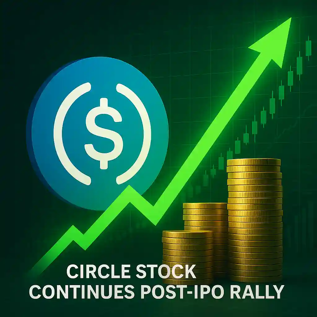 USDC logo with green arrow and gold coins symbolizing Circle’s post-IPO stock surge and stablecoin market optimism.