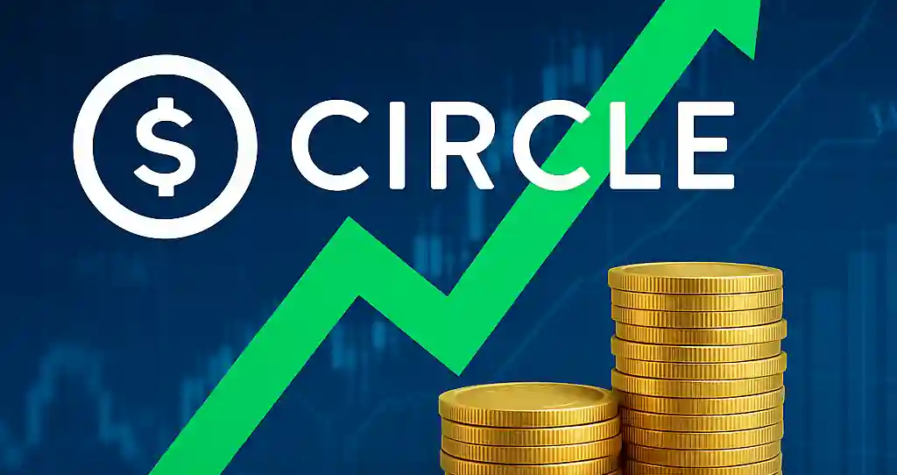 Circle logo with green upward arrow and gold coin stacks set against a blue financial chart, symbolizing stock rally on stablecoin momentum.