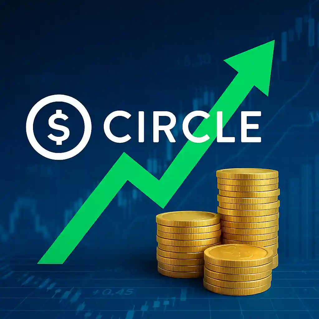 Circle logo with green upward arrow and gold coin stacks set against a blue financial chart, symbolizing stock rally on stablecoin momentum.