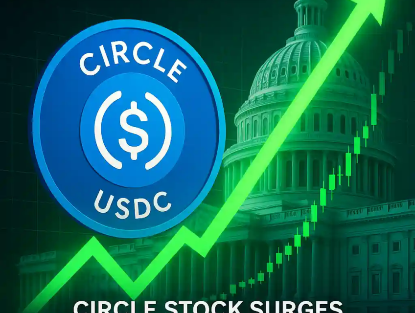 Circle USDC logo with rising green arrow and U.S. Capitol background, symbolizing stock surge after Senate stablecoin bill approval.