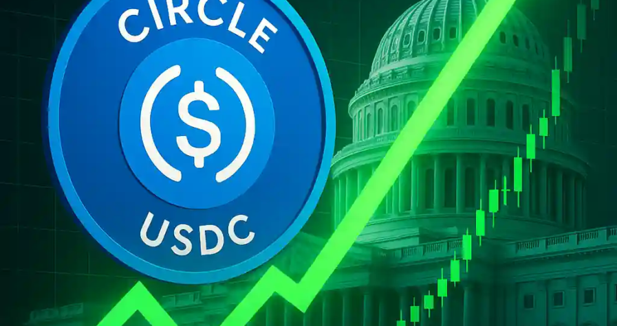 Circle USDC logo with rising green arrow and U.S. Capitol background, symbolizing stock surge after Senate stablecoin bill approval.