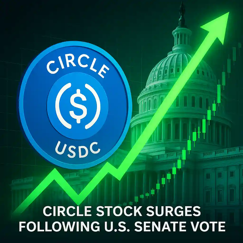 Circle USDC logo with rising green arrow and U.S. Capitol background, symbolizing stock surge after Senate stablecoin bill approval.