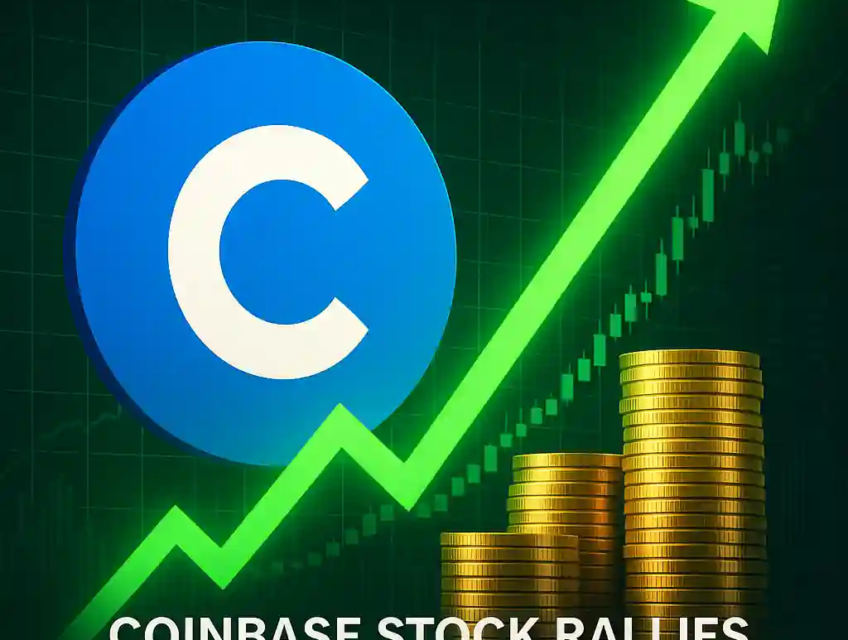 Coinbase logo with rising green arrow, gold coin stacks, and market chart, illustrating stock surge on stablecoin legislation news.