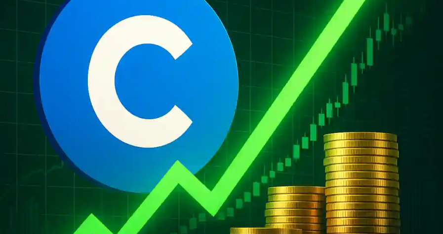 Coinbase logo with rising green arrow, gold coin stacks, and market chart, illustrating stock surge on stablecoin legislation news.