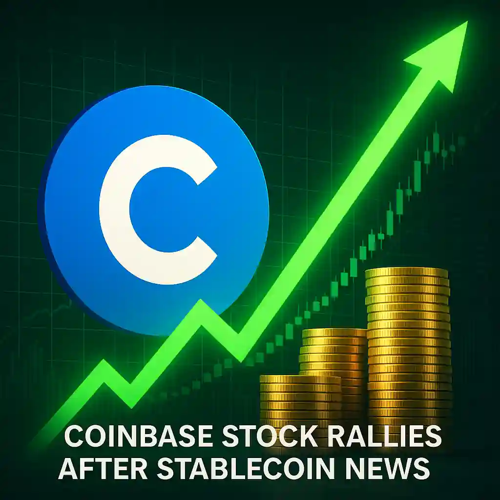 Coinbase logo with rising green arrow, gold coin stacks, and market chart, illustrating stock surge on stablecoin legislation news.