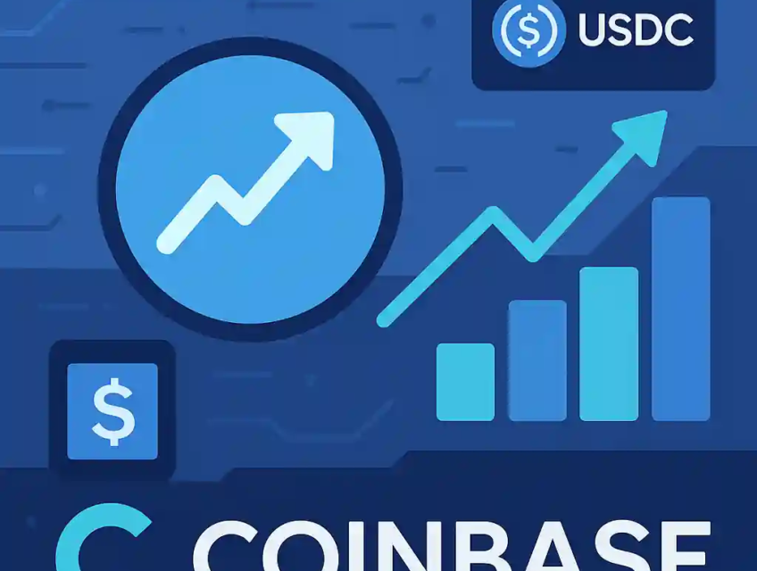 Illustration du logo Coinbase avec des graphiques de croissance et l’icône USDC dans un contexte technologique
