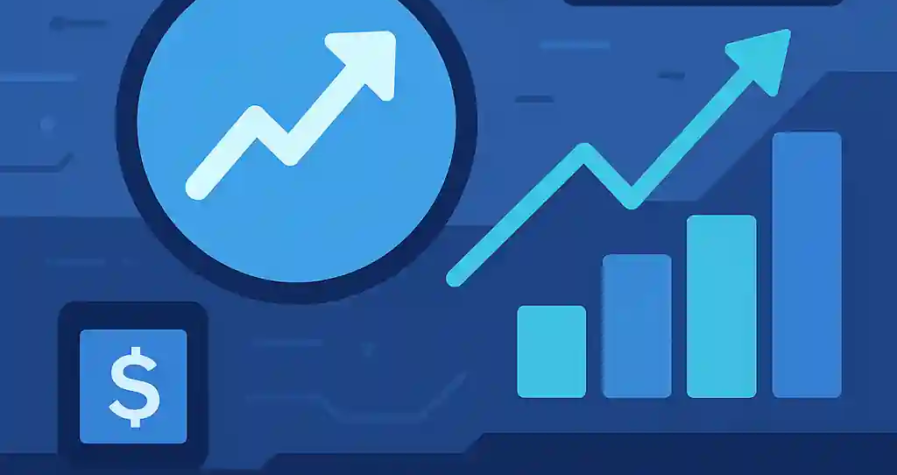 Illustration du logo Coinbase avec des graphiques de croissance et l’icône USDC dans un contexte technologique