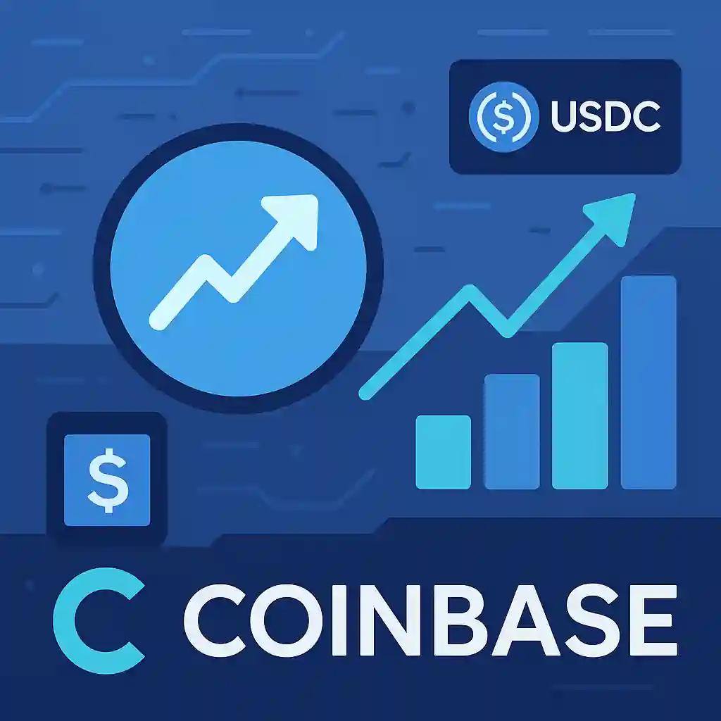 Illustration du logo Coinbase avec des graphiques de croissance et l’icône USDC dans un contexte technologique