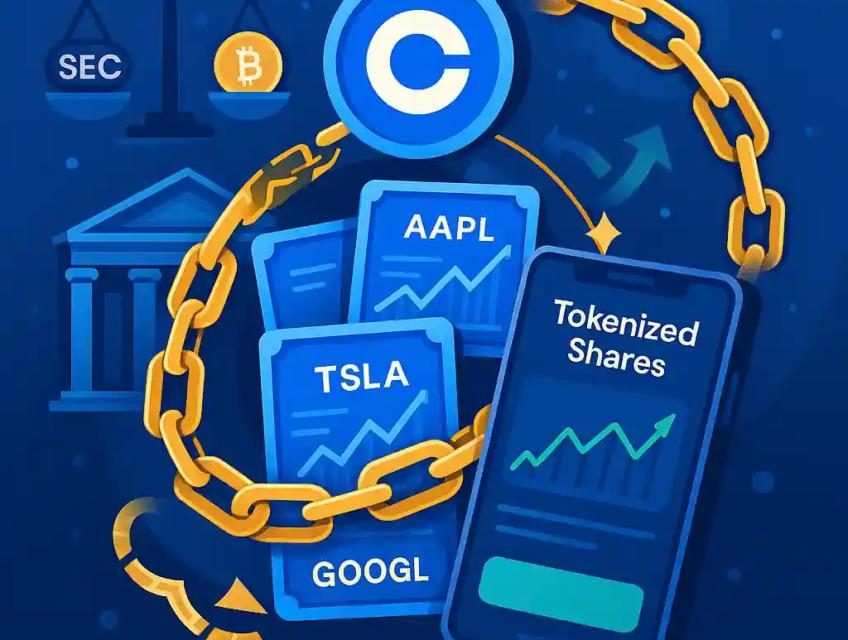 Illustration représentant Coinbase et la tokenisation d’actions comme AAPL, TSLA et GOOGL sur blockchain.