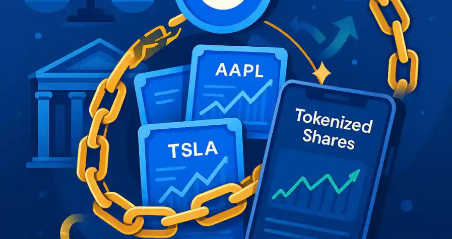 Illustration représentant Coinbase et la tokenisation d’actions comme AAPL, TSLA et GOOGL sur blockchain.
