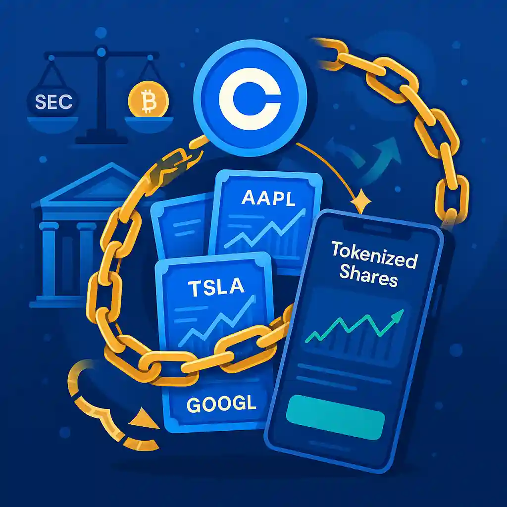 Illustration représentant Coinbase et la tokenisation d’actions comme AAPL, TSLA et GOOGL sur blockchain.