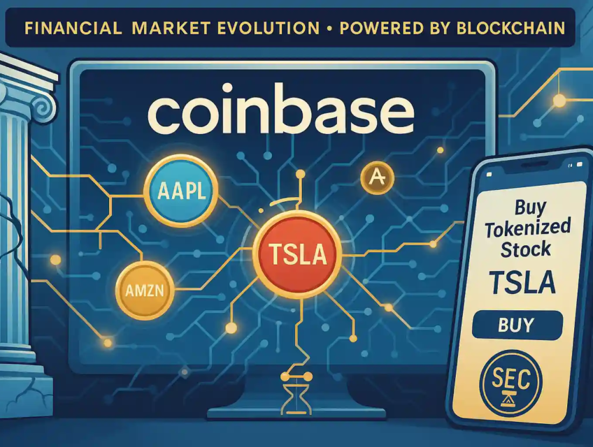 Interface Coinbase affichant des actions tokenisées comme TSLA et AAPL, fusionnées avec un réseau blockchain symbolisant la transition de Wall Street vers la finance décentralisée.