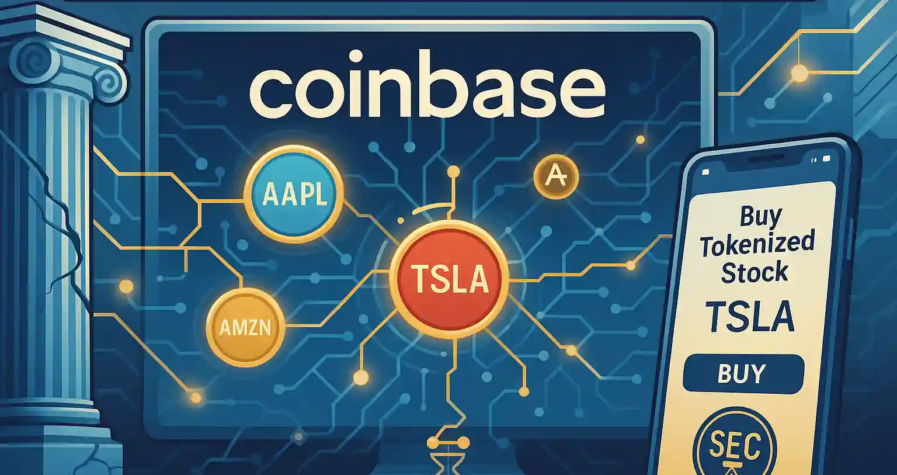 Interface Coinbase affichant des actions tokenisées comme TSLA et AAPL, fusionnées avec un réseau blockchain symbolisant la transition de Wall Street vers la finance décentralisée.