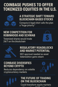 Infographic showing Coinbase’s plan to offer tokenized stocks, SEC challenges, competition with Robinhood, and blockchain-based trading benefits.