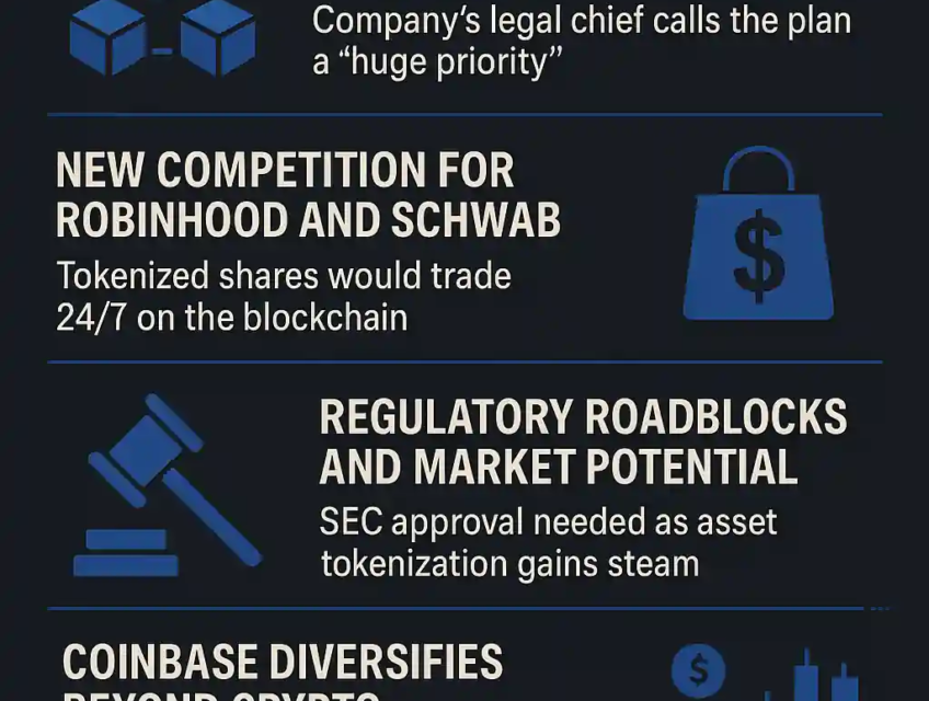 Infographic showing Coinbase’s plan to offer tokenized stocks, SEC challenges, competition with Robinhood, and blockchain-based trading benefits.