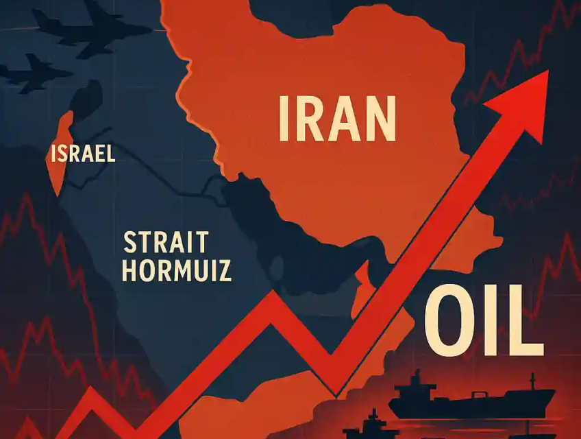 Carte du Moyen-Orient avec l’Iran, Israël et le détroit d’Ormuz, accompagnée de tankers et flèches haussières représentant la montée des prix du pétrole.