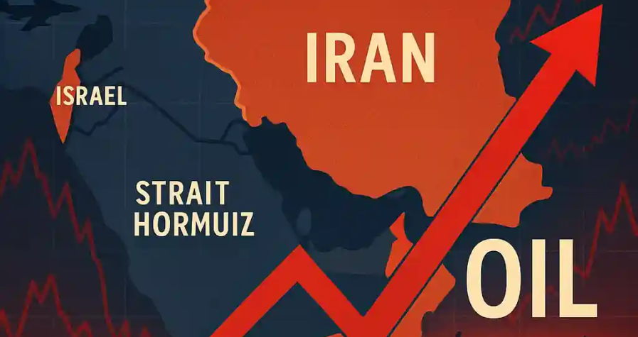 Carte du Moyen-Orient avec l’Iran, Israël et le détroit d’Ormuz, accompagnée de tankers et flèches haussières représentant la montée des prix du pétrole.