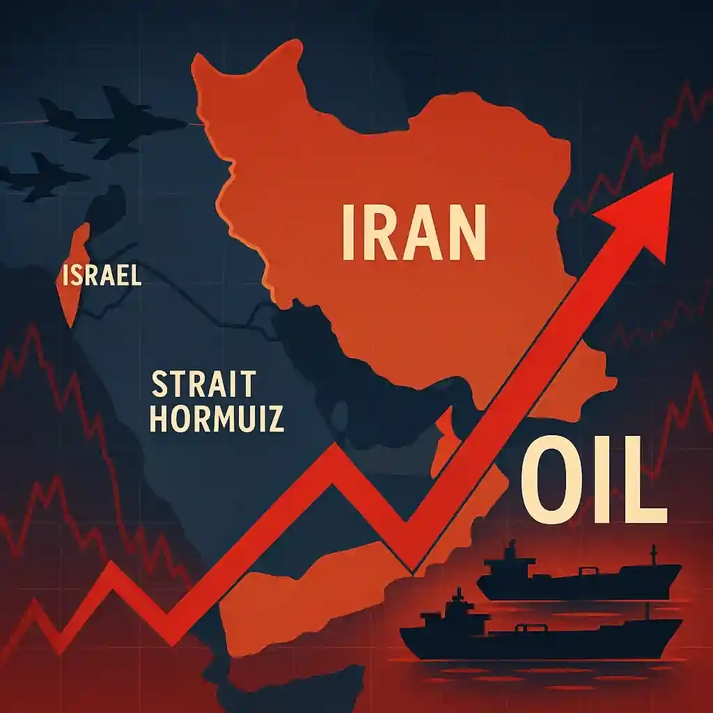 Carte du Moyen-Orient avec l’Iran, Israël et le détroit d’Ormuz, accompagnée de tankers et flèches haussières représentant la montée des prix du pétrole.