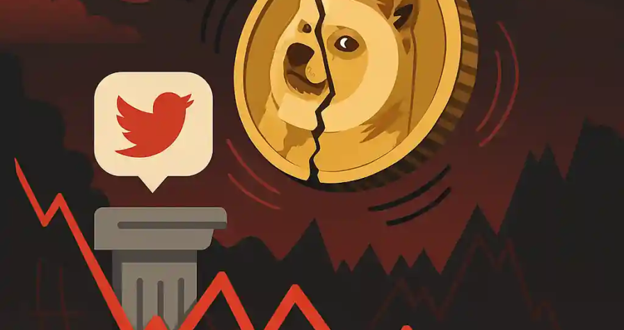 Illustration d’un jeton Dogecoin fissuré tombant d’un piédestal social, entouré de nuages mentionnant « conflit politique », « perte de confiance » et « volatilité », sur fond de chute de prix à 0,18 $.