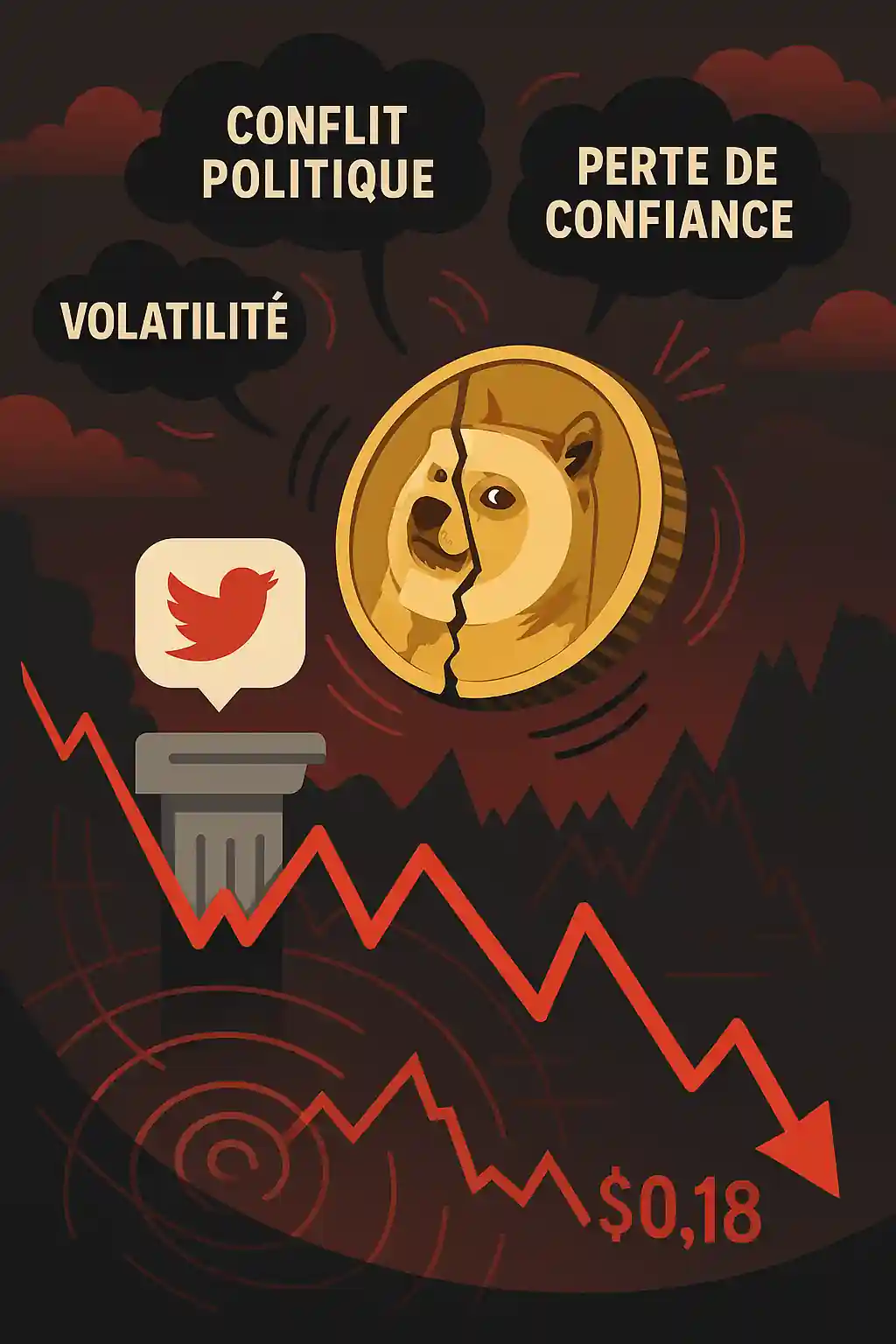 Illustration d’un jeton Dogecoin fissuré tombant d’un piédestal social, entouré de nuages mentionnant « conflit politique », « perte de confiance » et « volatilité », sur fond de chute de prix à 0,18 $.