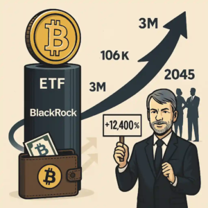 Illustration de l’ETF Bitcoin iShares de BlackRock avec un bitcoin, une flèche haussière vers 13M $, et Michael Saylor tenant “+12 400 %”.