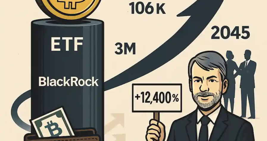 Illustration de l’ETF Bitcoin iShares de BlackRock avec un bitcoin, une flèche haussière vers 13M $, et Michael Saylor tenant “+12 400 %”.