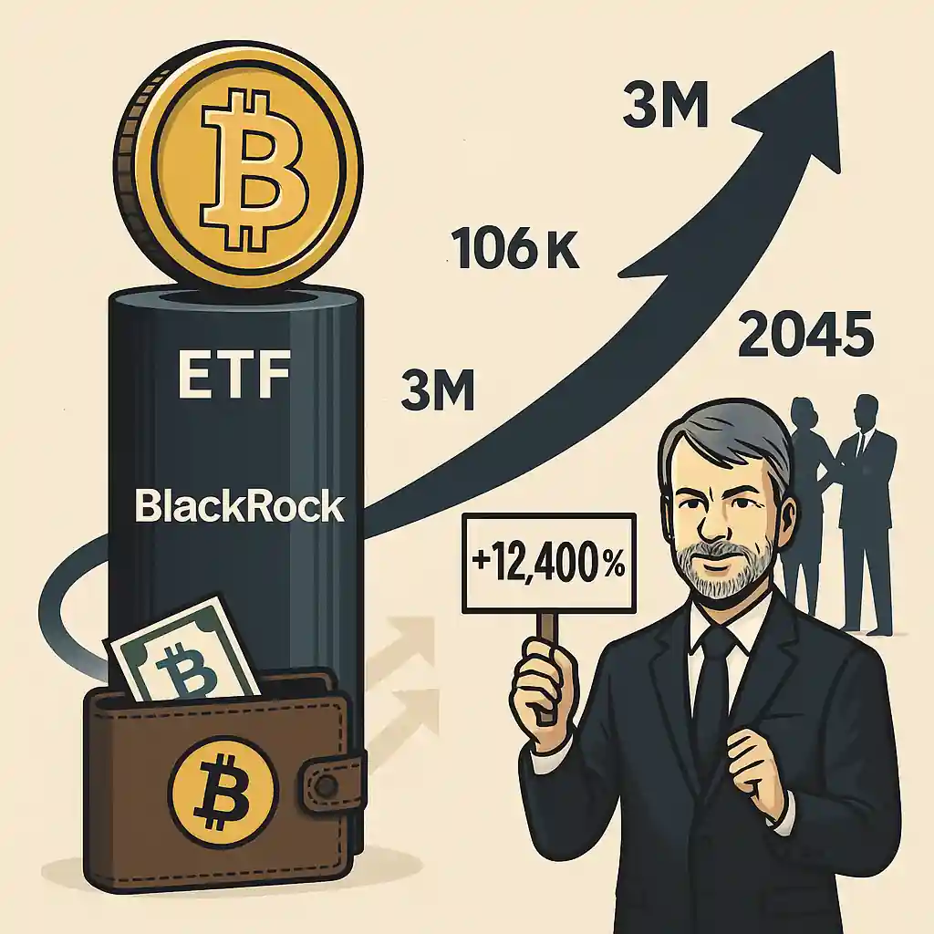Illustration de l’ETF Bitcoin iShares de BlackRock avec un bitcoin, une flèche haussière vers 13M $, et Michael Saylor tenant “+12 400 %”.